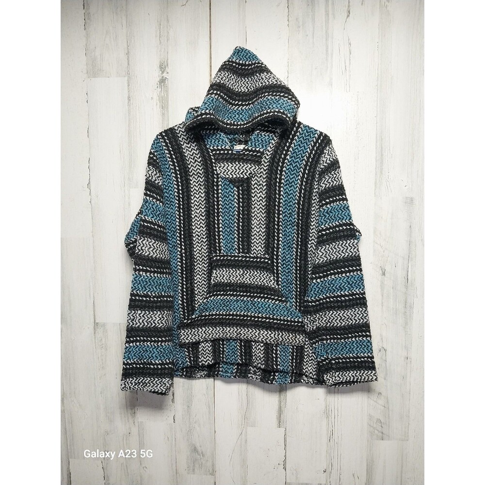 Baja Joe Mexican Poncho Hoodie Mens Large Blue Grey Black Drug Rug Blanket